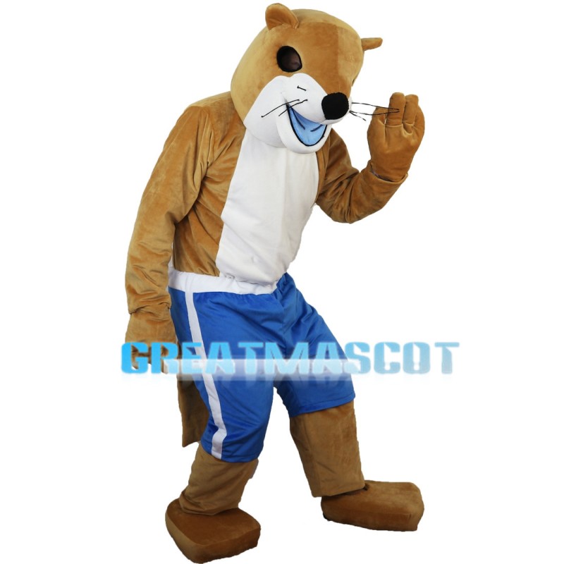 Lively Beaver In Blue Shorts Mascot Costume