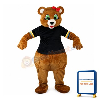 Green Eyes Bear With Pink Bow Mascot Costume
