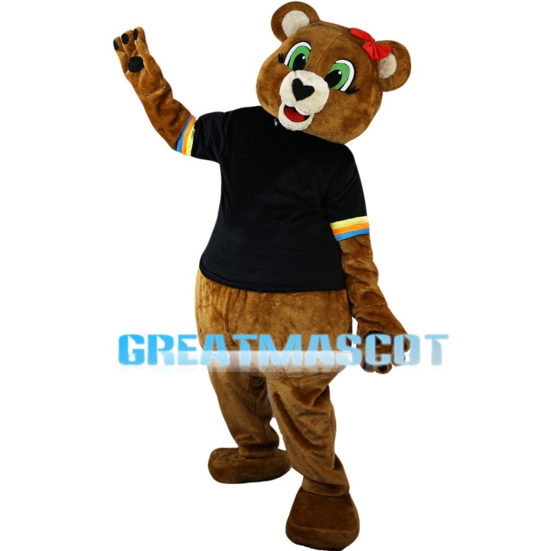 Green Eyes Bear With Pink Bow Mascot Costume