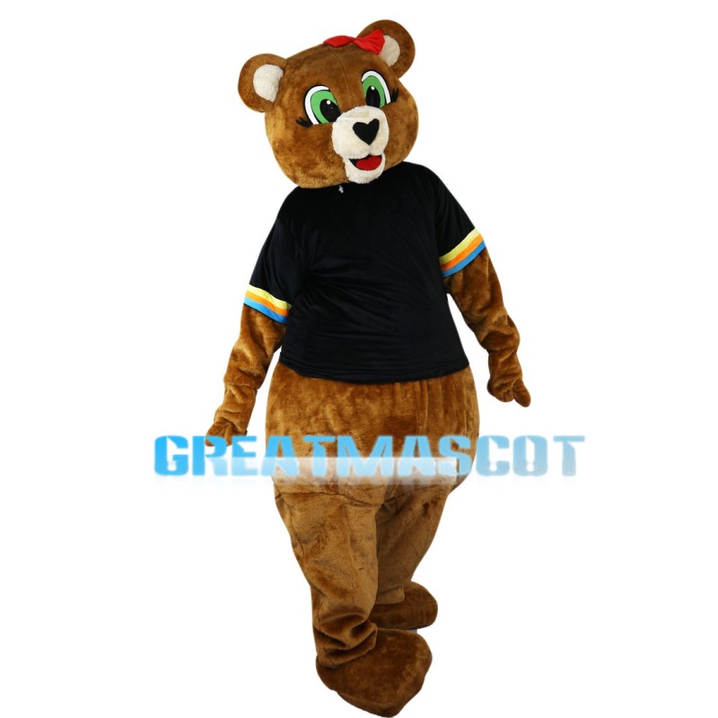Green Eyes Bear With Pink Bow Mascot Costume