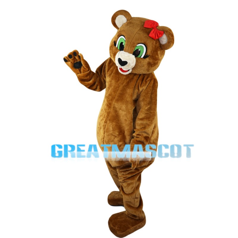 Green Eyes Bear With Pink Bow Mascot Costume