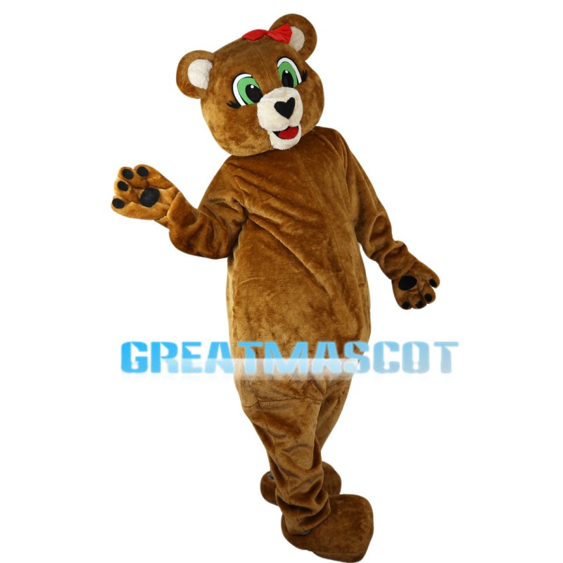 Green Eyes Bear With Pink Bow Mascot Costume