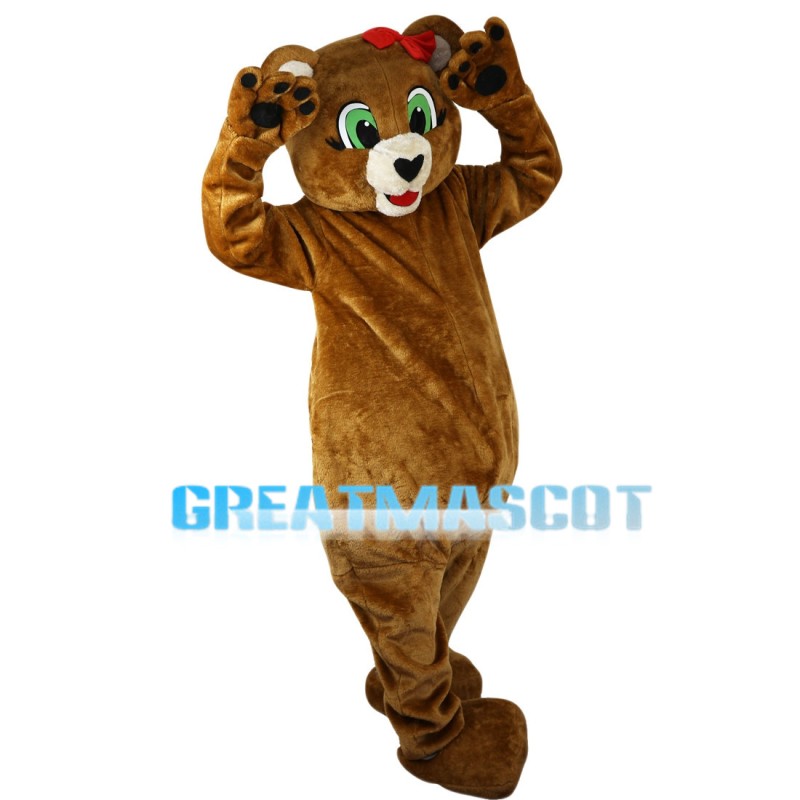 Green Eyes Bear With Pink Bow Mascot Costume