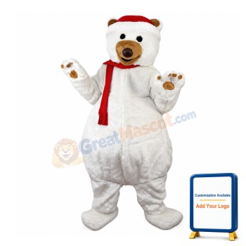 Mediocre White Bear With Red Scarf Mascot Costume