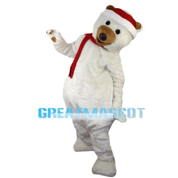 Mediocre White Bear With Red Scarf Mascot Costume