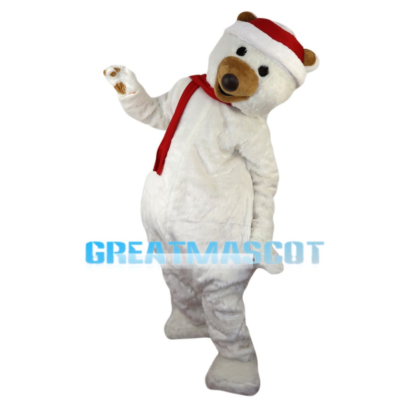 Mediocre White Bear With Red Scarf Mascot Costume