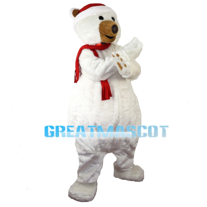 Mediocre White Bear With Red Scarf Mascot Costume