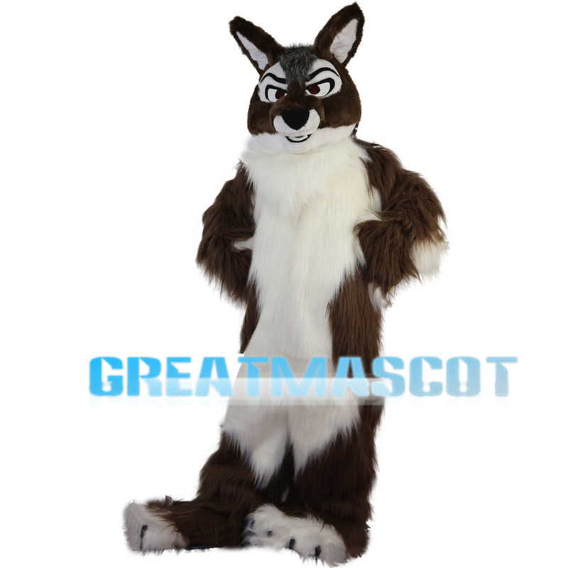 Soft Long Fur Brown & White Wolf Mascot Costume