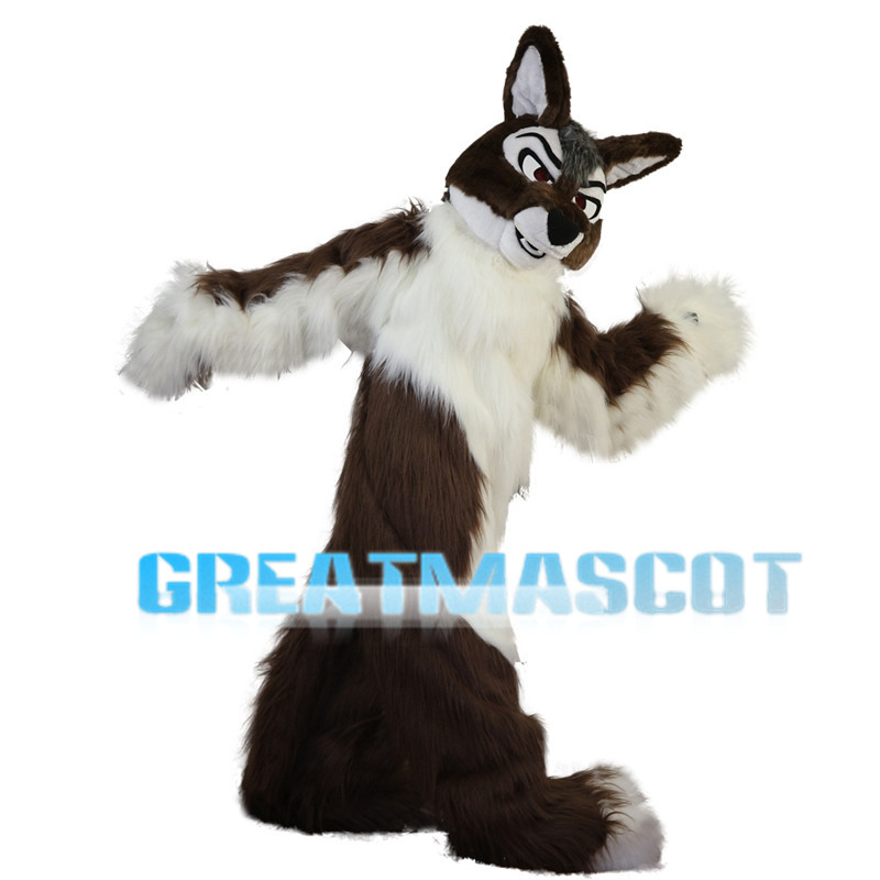 Soft Long Fur Brown & White Wolf Mascot Costume