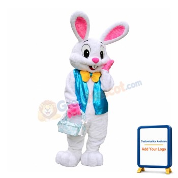 Coy White Rabbit With Blue Vest Mascot Costume
