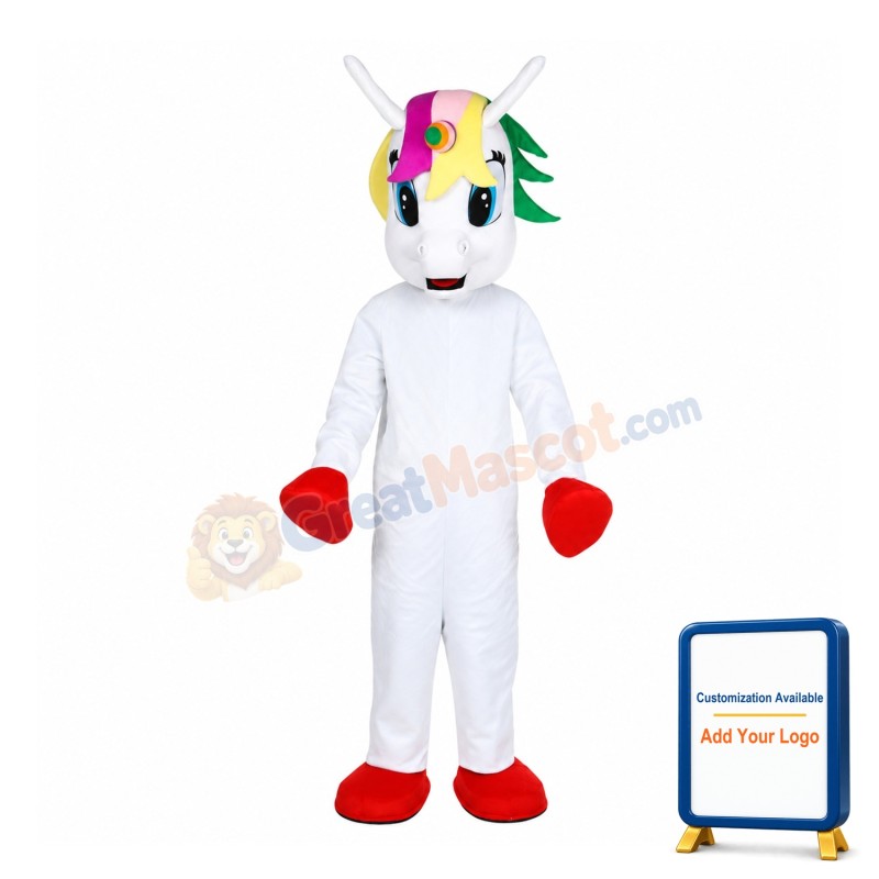 Red Hoofs Horse With Colorful Horn Mascot Costume