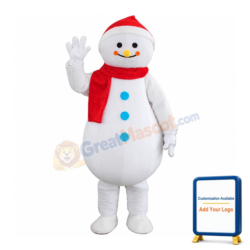 Beckoning Snowman With Red Scarf Mascot Costume