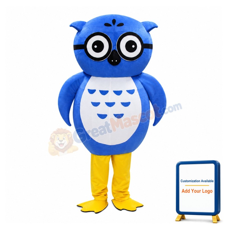 Blue & White Owl With Glasses Mascot Costume