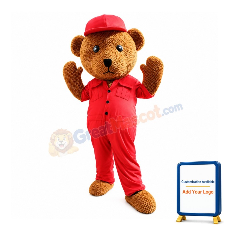 Brown Bear With Red Cap Mascot Costume