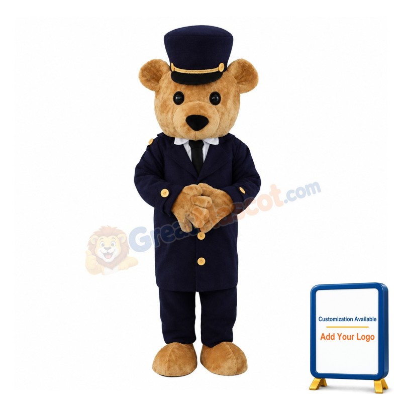 Brown Bear With Black Suit And Hat Mascot Costume