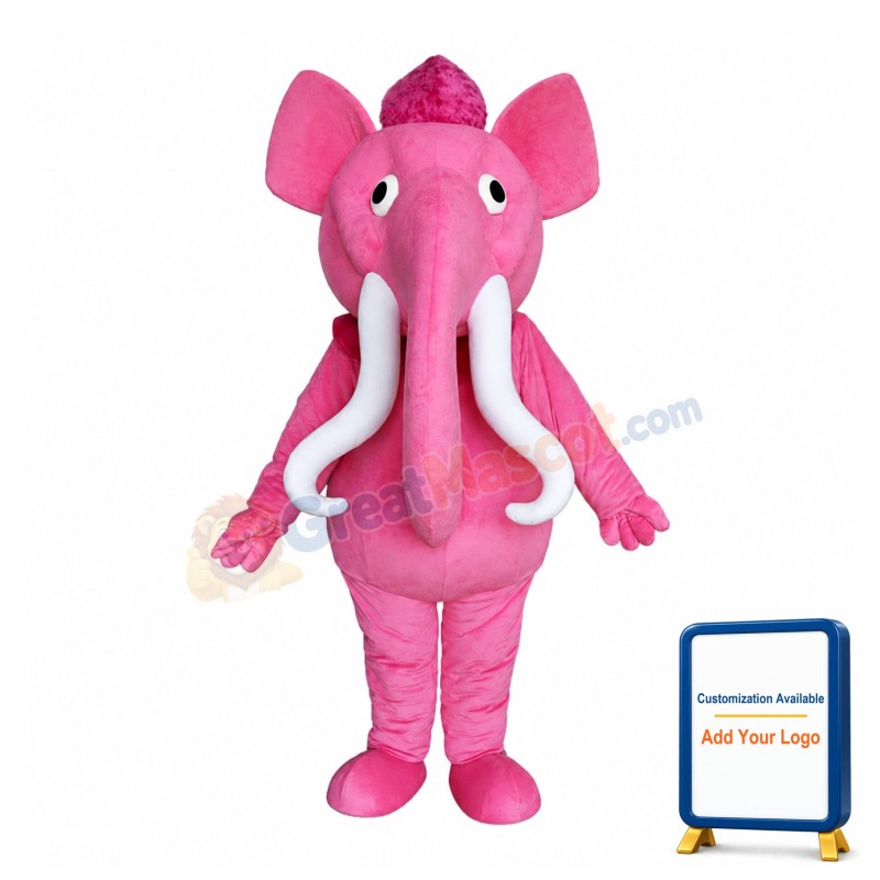 Pink Elephant With Long Curved Ivory Mascot Costume