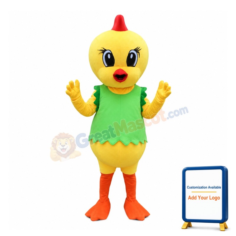 Little Yellow Chicken With Green Vest Mascot Costume