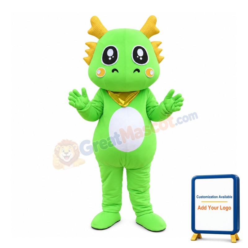 Green Dragon With Golden Scarf Mascot Costume