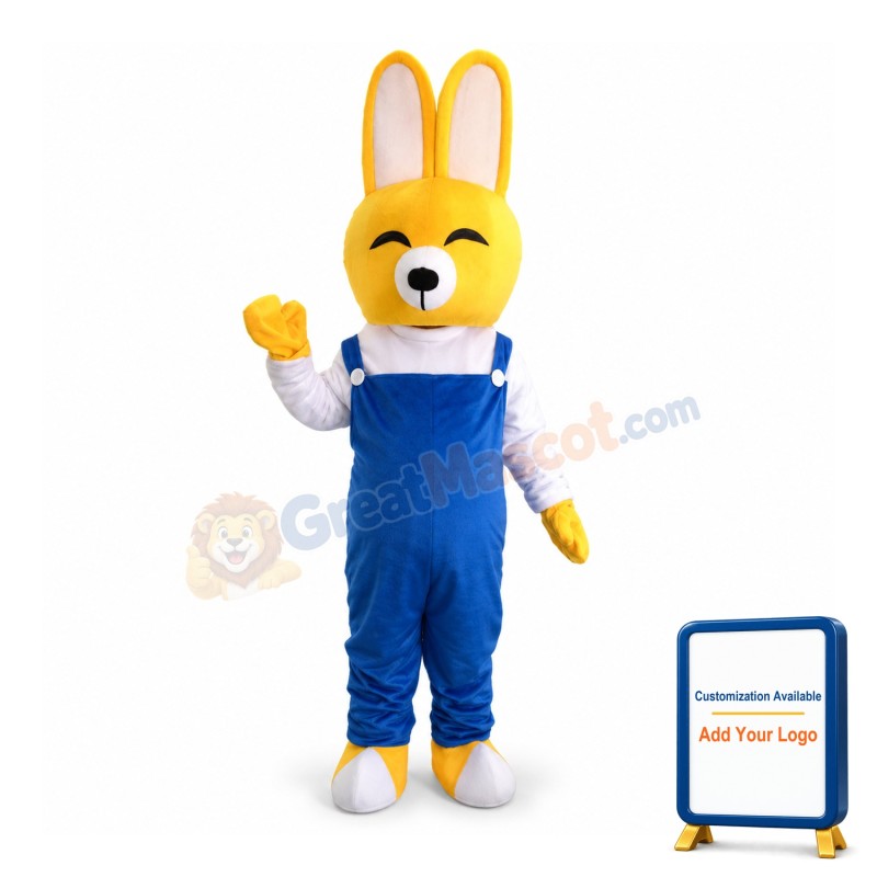 Yellow Rabbit In Blue Rompers Mascot Costume
