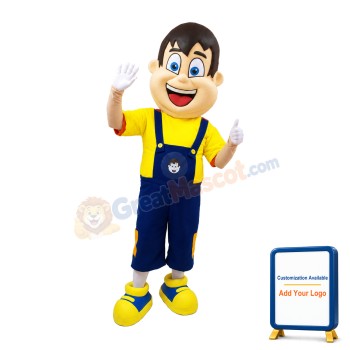 Young Man Mascot Costume Wearing Blue Overalls