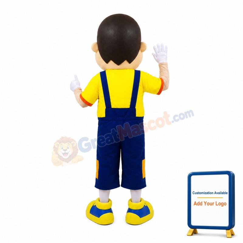 Young Man Mascot Costume Wearing Blue Overalls