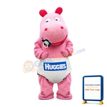 Cartoon Baby Pink Hippo Mascot Costume With Pacifier In Mouth