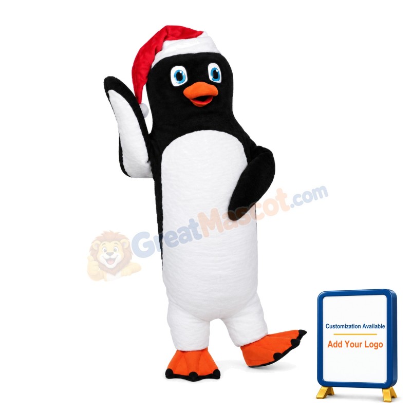 Cute Penguin Mascot Adult Costume With Christmas Hat