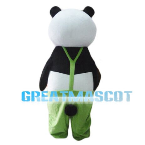 Adult Cartoon Panda Mascot Costume Wearing Green Overalls