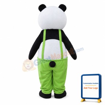 Adult Cartoon Panda Mascot Costume Wearing Green Overalls