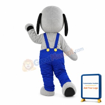 Cute Cartoon Grey Hound Dog Mascot Costume Wearing Blue Overalls