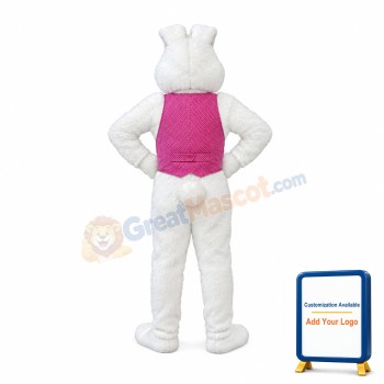 White Easter Bunny Plush Mascot Costume Wearing Red Vest