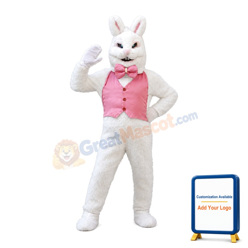White Easter Bunny Plush Mascot Costume Wearing Pink Vest	