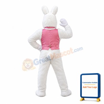 White Easter Bunny Plush Mascot Costume Wearing Pink Vest