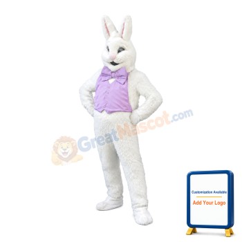 White Easter Bunny Plush Mascot Costume Wearing Purple Vest