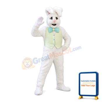 White Easter Bunny Plush Mascot Costume Wearing Yellow Vest