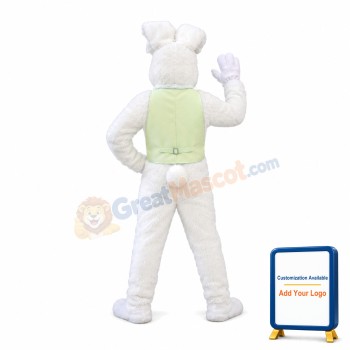 White Easter Bunny Plush Mascot Costume Wearing Yellow Vest