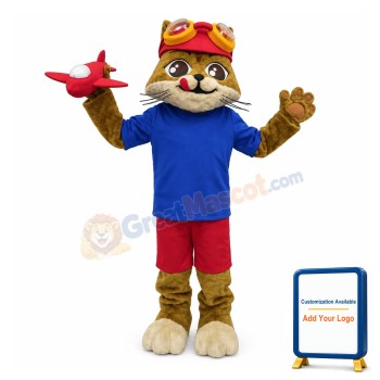 Lovely Brown Cat Aviator Mascot Costume With Red Airplane Model