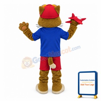 Lovely Brown Cat Aviator Mascot Costume With Red Airplane Model