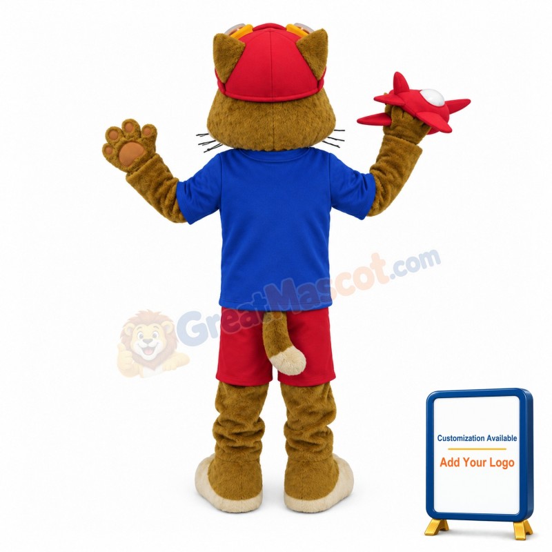 Lovely Brown Cat Aviator Mascot Costume With Red Airplane Model