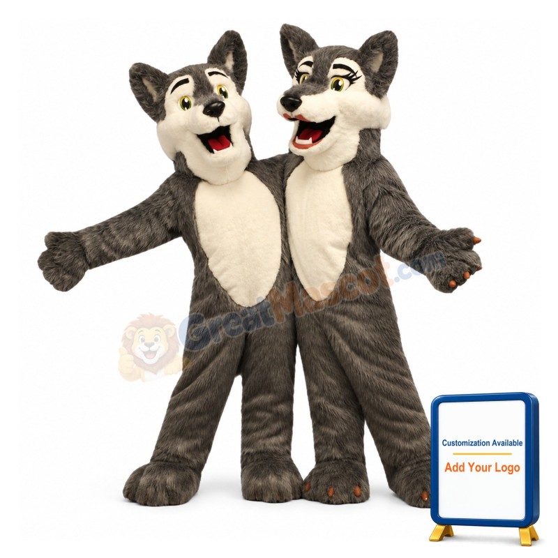 Couple Gray Wolf Long Fur Mascot Costume