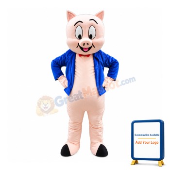 Pink Little Pig In Blue Coat Mascot Costume