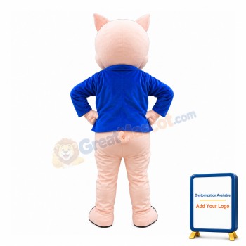 Pink Little Pig In Blue Coat Mascot Costume