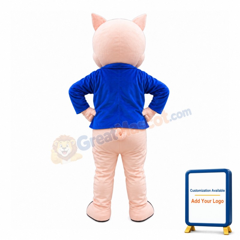 Pink Little Pig In Blue Coat Mascot Costume