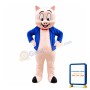 Pink Little Pig In Blue Coat Mascot Costume