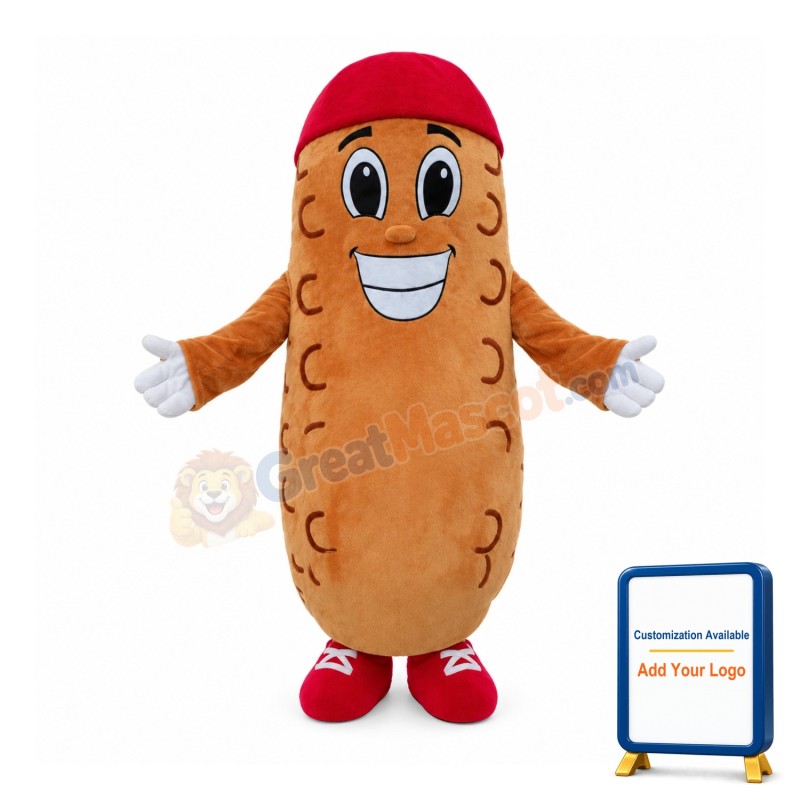 Cartoon Ham Sausage With Red Hat Mascot Costume