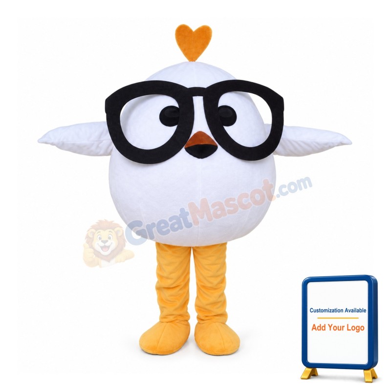Little White Bird With Glasses Mascot Costume