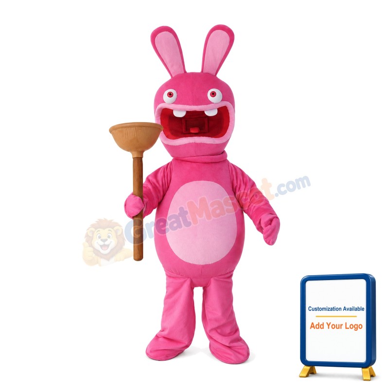 Pink Crazy Rabbit Holding Toilet Plug Mascot Costume