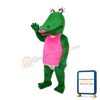 Green Crocodile With Pink Vest Mascot Costume