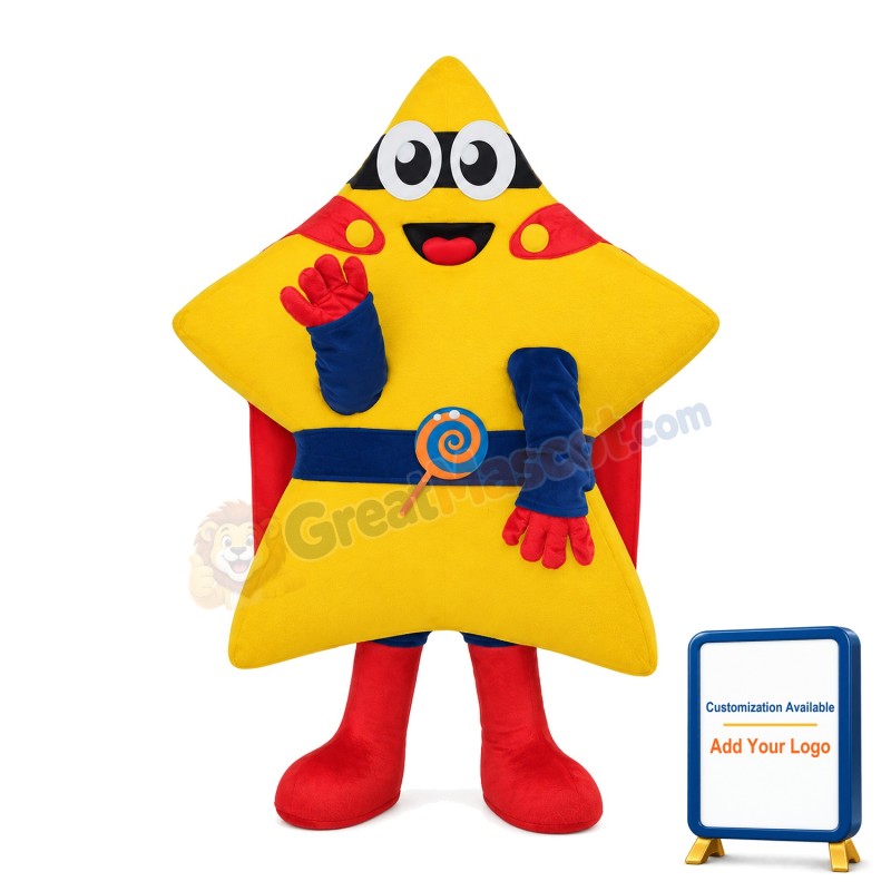 Yellow Star Mascot Costume Tied With Blue Belt