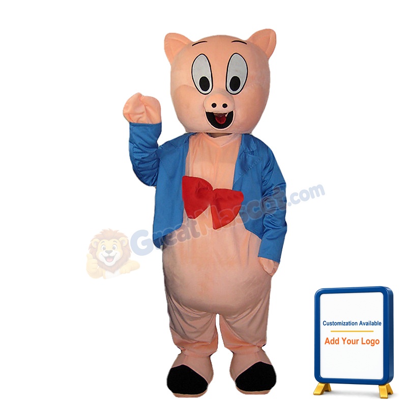 Pink Pig Wearing Blue Suit Mascot Costume